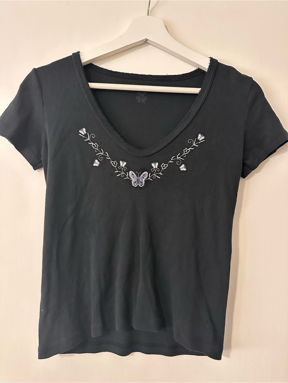 Brandy Melville Black V-Neck Short Sleeve Top with Lilac Butterfly Embroidery